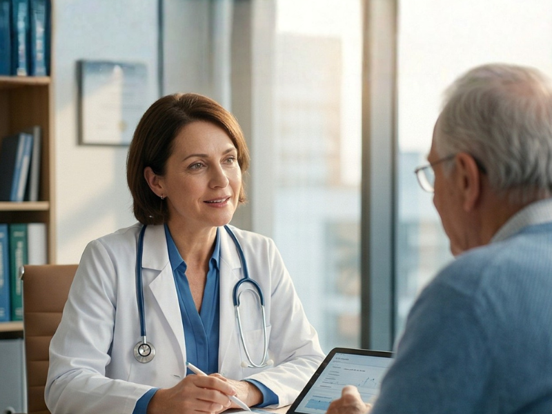 Doctor consulting with a patient using tablet in a modern clinic